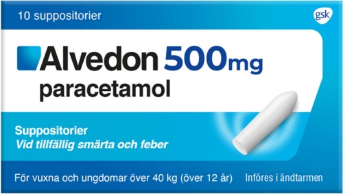 En förpackning med Alvedon 500 mg paracetamol för vuxna över 40 kg, med blått och vitt design och en vit tablett.