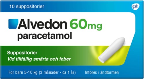 Låda med Alvedon 60 mg paracetamol tabletter för smärta och feber hos barn.