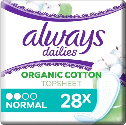 Eine Packung Always dailies, Bio-Baumwolle, mit 28 Slipein für normalen Fluss, mit Abbildung eines weißen Pads und lila, grüne, blaue Farben.