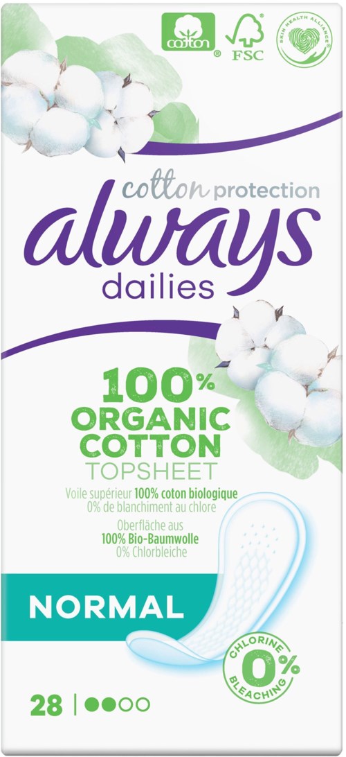 Eine Schachtel mit Baumwoll-Tampons, 'Always Dailies', 100% Bio-Baumwolle, für normalen Fluss, mit umweltfreundlichen Symbolen.