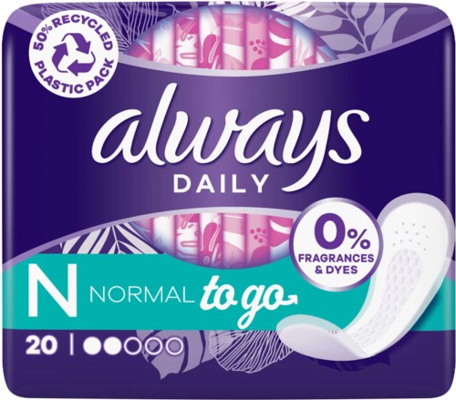 Eine Packung Always Daily Binden, blau und lila Design, mit 50 % recyceltem Kunststoff, ohne Düfte oder Farbstoffe.
