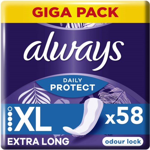 Eine Packung Always XL Nachtbinden mit 58 Stück, gekennzeichnet als 'Giga Pack', 'Extra Long' und 'Odour Lock'.