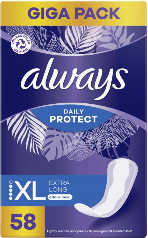 Eine Packung Always XL Nachtbinden mit 58 Binden, lila und gelb gestaltet, mit Blättern und Logo.