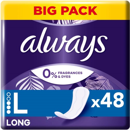 Einweg-Tage von Always, Größe large, 48 Stück, parfümfrei, in gelber und lila Verpackung.