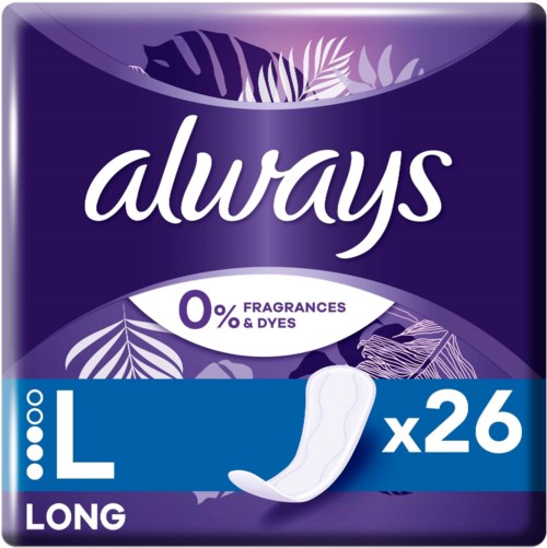 Eine lila und blaue Packung mit Always langen Binden, Größe groß, ohne Duftstoffe oder Farbstoffe, mit 26 Binden.