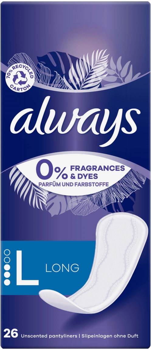Dunkelblaues Packung mit Always langen Binden, ohne Duftstoffe und Farbstoffe, mit weißer Saugkissen-Illustration.