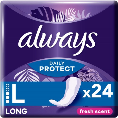 Eine Packung Always lange Hygieneprodukte, Größe groß, 24 Stück, mit frischem Duft. Lila Verpackung mit Blättern Design.