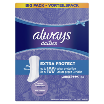 En stor pack Always Dailies extra protect hygienartiklar med lila förpackning och blå accenter.