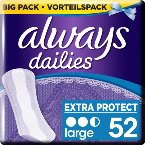 En lila förpackning med Always Dailies tamponger, märkt 'Big Pack.' Innehåller 52 tamponger, extra skydd, stor storlek.