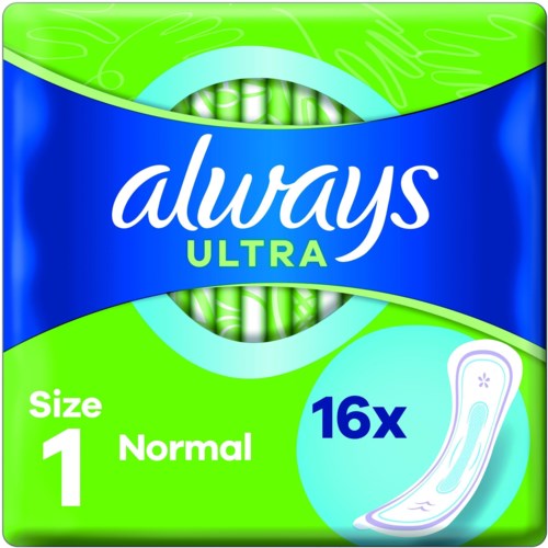 Eine Packung Always Ultra Größe 1 Normal Binden, mit grünen und blauen Farben und eine Illustration eines Flügelbinden.