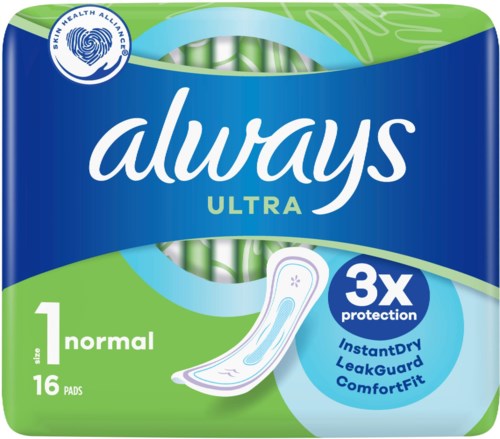 Eine Packung Always Ultra Slipeinlagen, grün und blaues Design, zeigt Schutzfunktionen und Markenlogo.