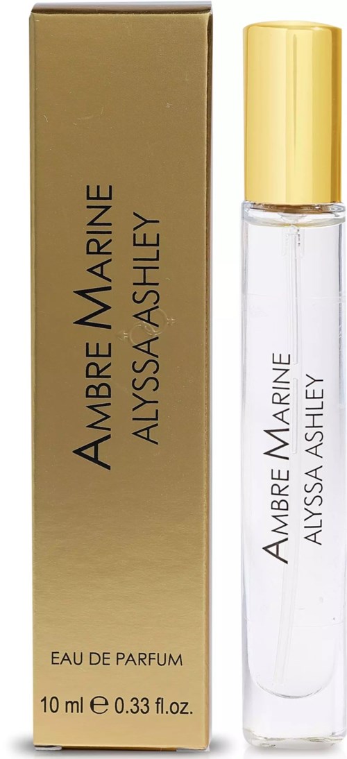 Ein Parfümflasche mit Goldkappe und goldener Verpackung, Amber Marine von Alyssa Ashley, 10 ml.