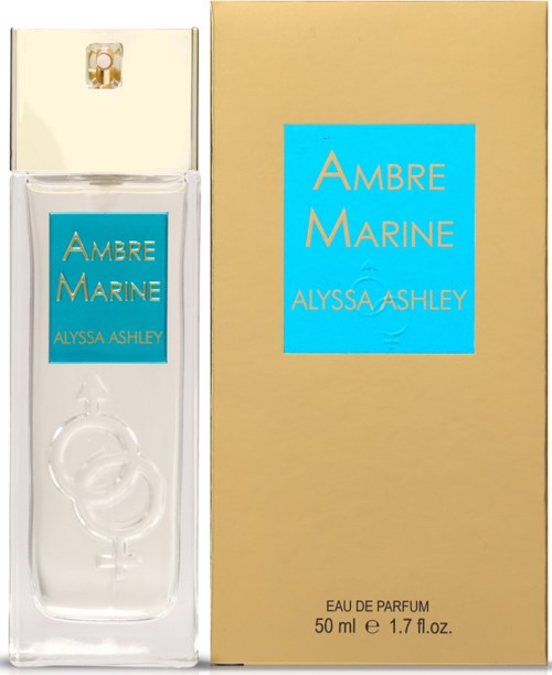 Ein Parfümflasche aus klarem Glas mit passender Goldverpackung, bezeichnet 'Ambre Marine' von Alyssa Ashley.