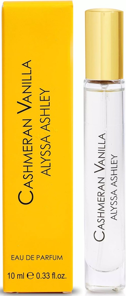 Ein Parfümflasche mit gelbem Karton und klarem Glas, beschriftet Cashmeran Vanilla von Alyssa Ashley.