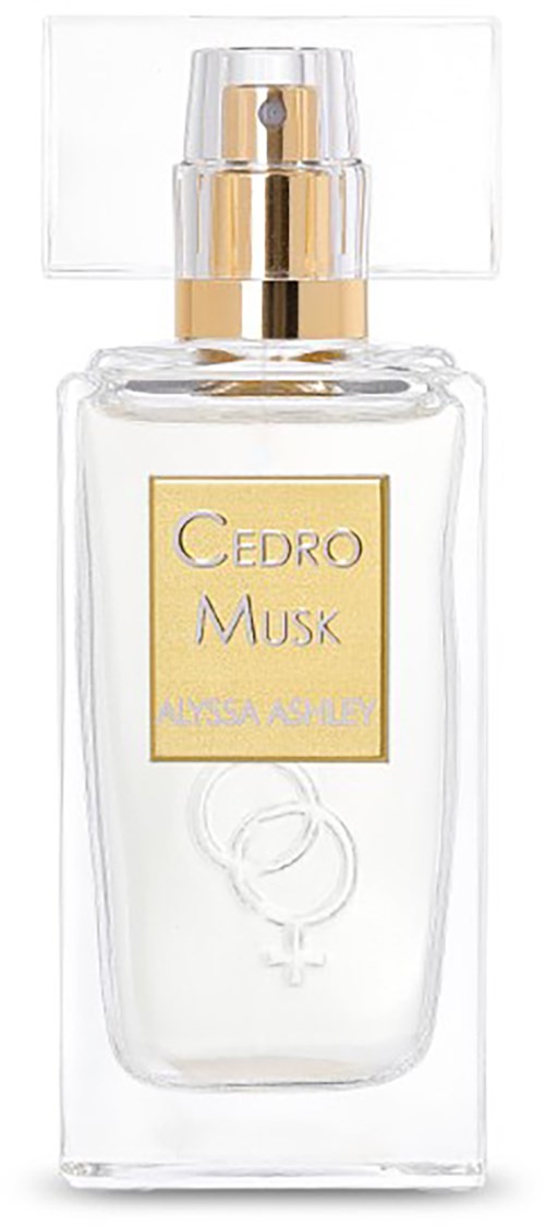 Eine klare Parfümflasche mit goldener Sprühkappe und Etikett, enthält Cedro Musk von Alyssa Ashley.