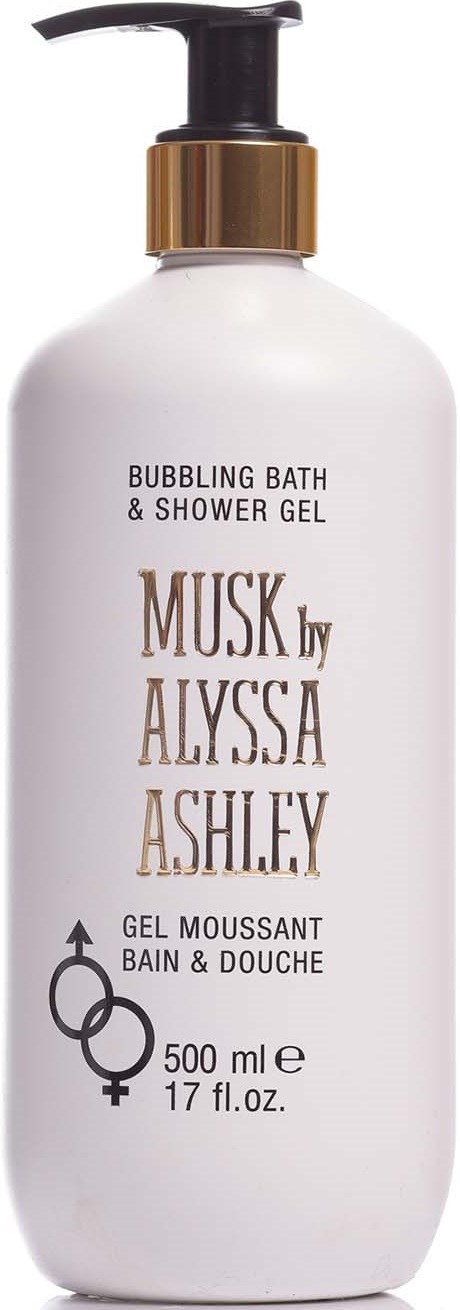 Eine weiße Flasche mit Pumpkopf, beschriftet Musk by Alyssa Ashley, enthält schäumendes Bade- und Duschgel, 500 ml.