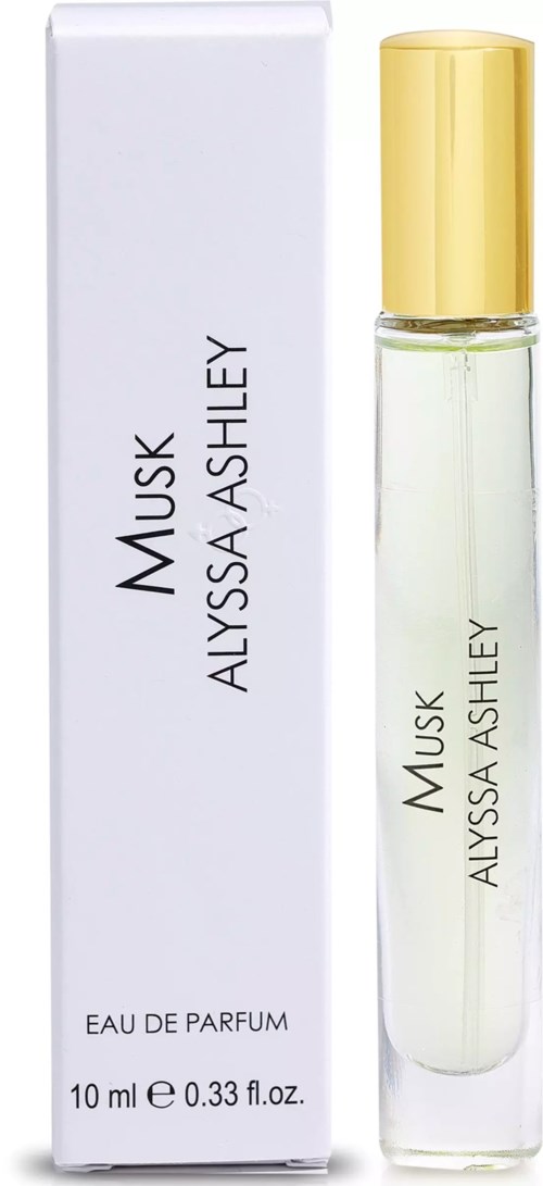 Ein Parfümflasche und eine Schachtel mit der Aufschrift 'Musk Alyssa Ashley' mit klarer Flüssigkeit.