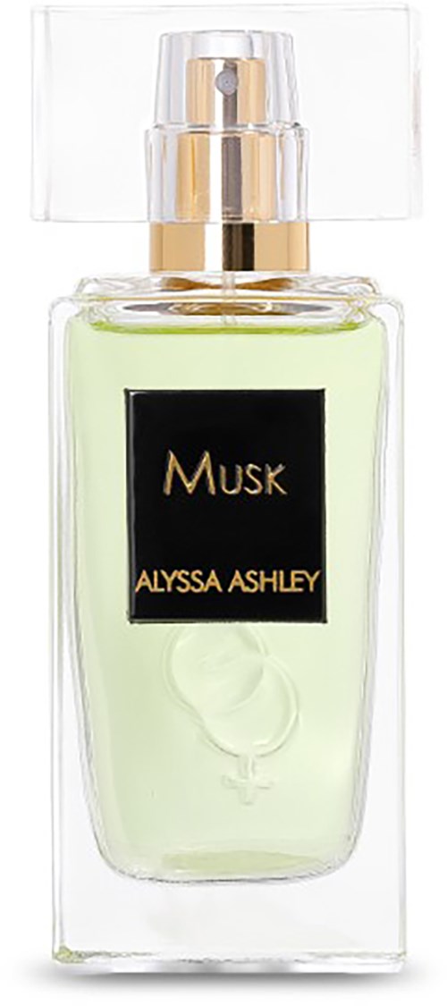 Eine klare Parfümflasche mit einem schwarzen Etikett, auf dem Musk von Alyssa Ashley steht. Mit goldfarbenem Deckel und hellgrünem Inhalt.
