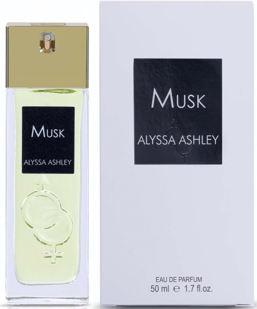 Ein Parfümflasche mit dem Label 'Musk' von Alyssa Ashley und eine passende weiße Box daneben.