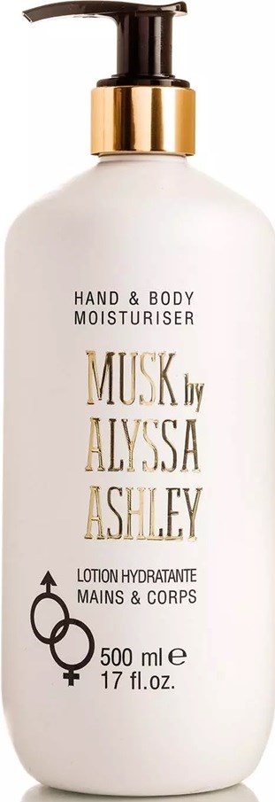 Eine weiße Flasche mit schwarzem Pumpkopf, goldenem Rand und goldener Schrift. Sie ist eine Hand- und Körperfeuchtigkeitscreme von Muskel Alyssa Ashley.