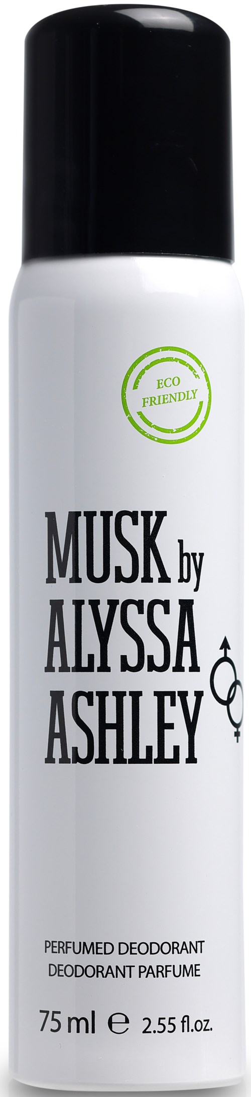 Een witte deodorant spray met zwarte dop, labeled "Musk by Alyssa Ashley" en een groen milieuvriendelijk sticker.