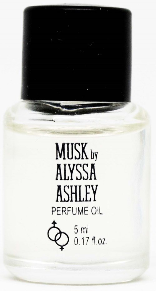 Kleine glazen fles met zwarte dop met parfumolie genaamd 'Musk by Alyssa Ashley'.