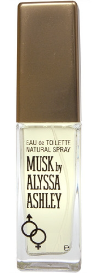 Ein Parfümflasche mit der Aufschrift 'Musk by Alyssa Ashley' mit goldener Kappe und weißer Flüssigkeit.