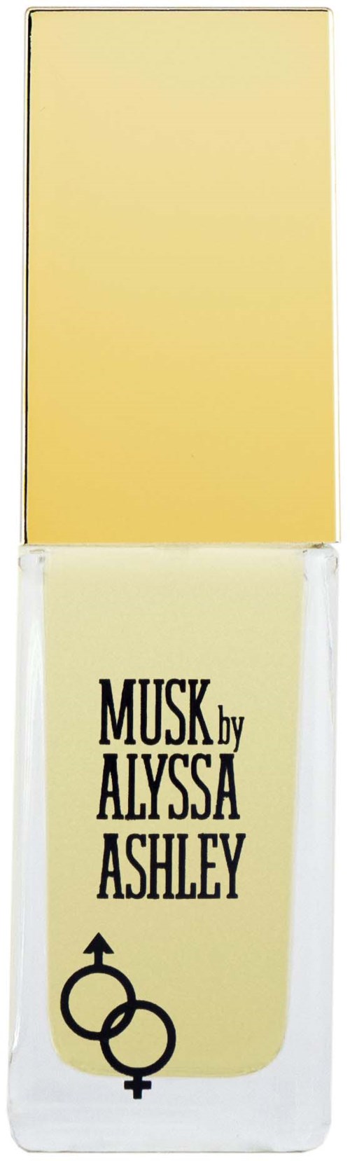 Eine Flasche mit gelber Flüssigkeit. Etikett zeigt "Musk by Alyssa Ashley" mit Geschlechtersymbolen.