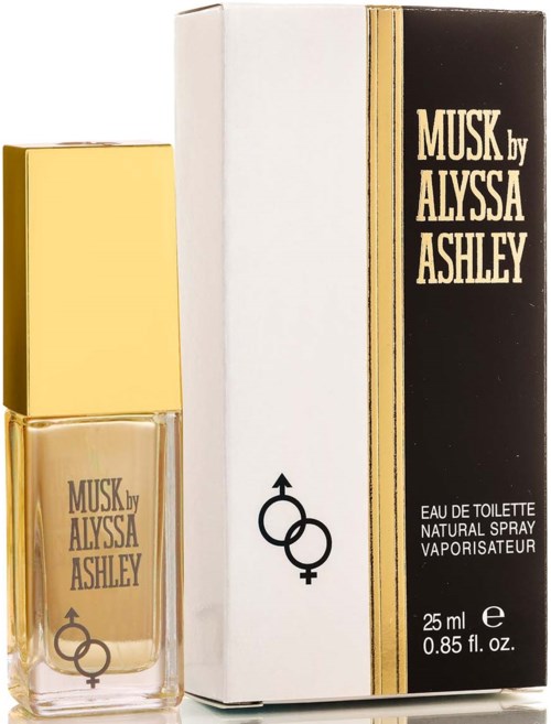 Ein Parfümflasche und eine Schachtel für Musk von Alyssa Ashley, schwarz, weiß, goldene Farben, mit Männer- und Frauensymbolen.