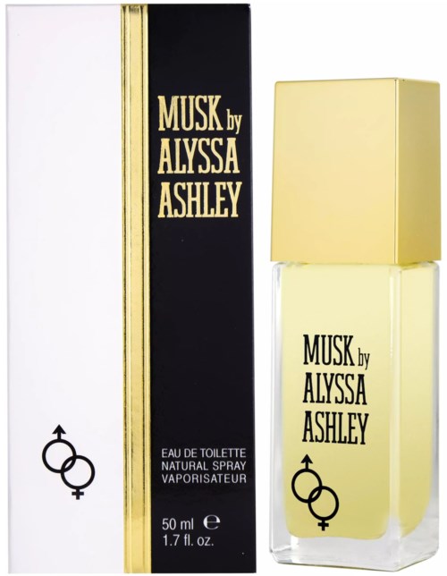 Parfümflasche und Schachtel mit Beschriftung 'Musk by Alyssa Ashley', hauptsächlich gold und schwarz, mit Symbolen auf der Flasche.