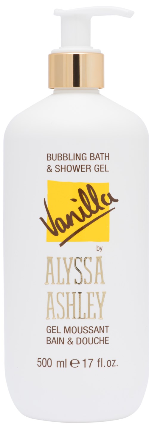 Eine weiße Flasche mit Pumpe, gekennzeichnet als Vanille Badeschaum und Duschgel von Alyssa Ashley, 500 ml.