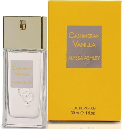 Ein Parfümflasche und eine gelbe Schachtel mit goldener und grauer Schrift für Cashmeran Vanilla von Alyssa Ashley.