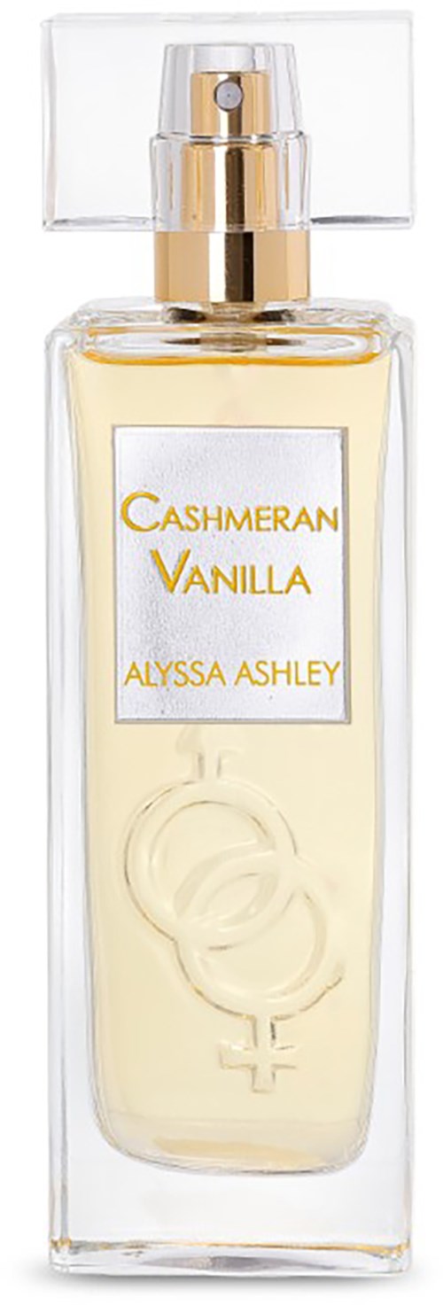 Ein klarer Parfümflakon mit goldener Kappe, mit der Aufschrift Cashmeran Vanilla von Alyssa Ashley.