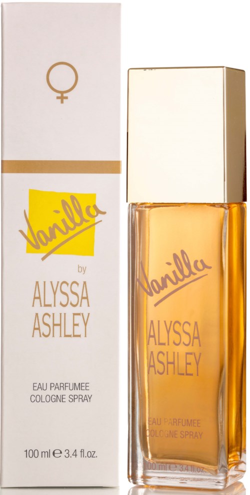 Ein Parfümflasche namens Vanilla von Alyssa Ashley neben einem weißen und goldenen Karton.