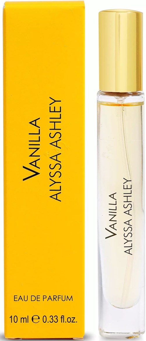 Eine kleine Parfümflasche und gelbe Schachtel mit der Aufschrift 'Vanilla Alyssa Ashley' und 'Eau de Parfum'.