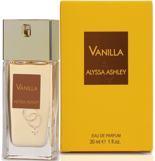 Ein Parfümflasche und eine gelbe Schachtel mit 'Vanilla' von Alyssa Ashley. Die Flasche ist rechteckig mit einem silbernen Deckel.