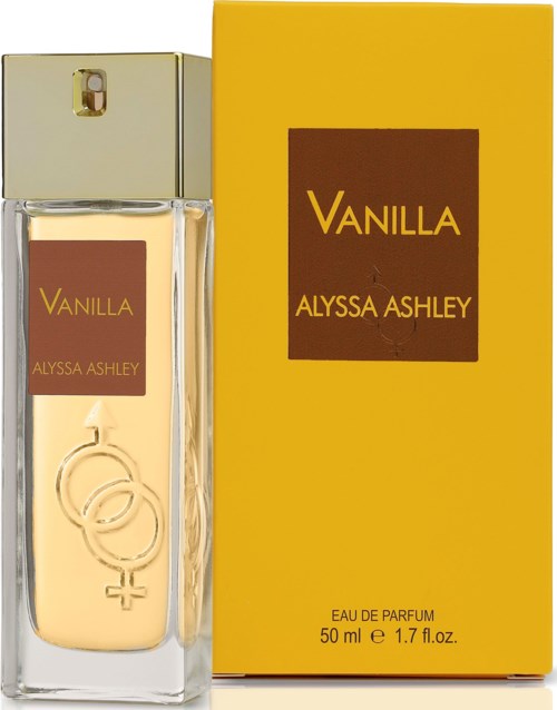 Ein Parfümflasche mit der Aufschrift 'Vanilla' von Alyssa Ashley, neben einer gelben Box. Die Flasche hat einen silbernen Deckel.
