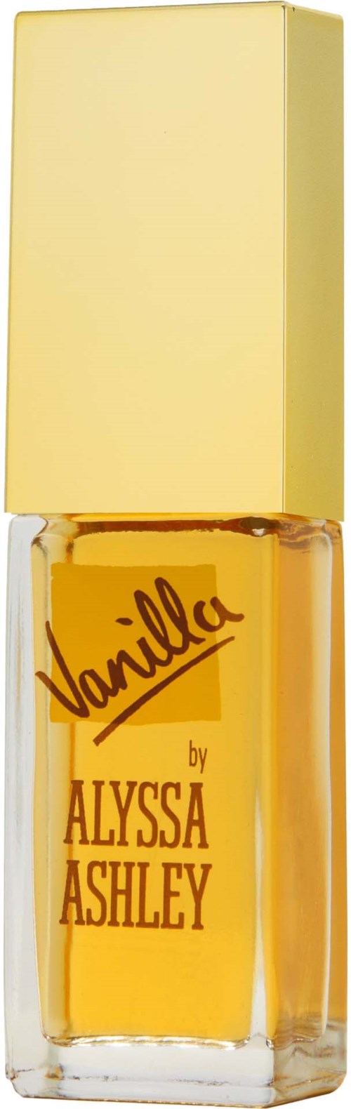 Eine gelbe Parfüfflasche mit goldener Kappe Beschriftet "Vanilla by Alyssa Ashley."