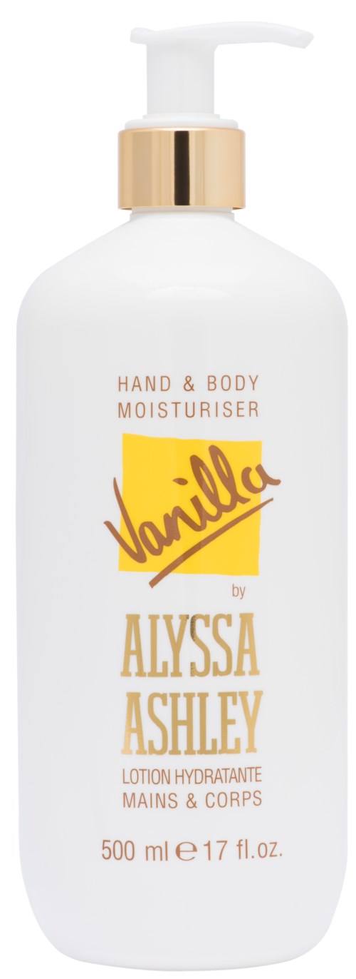 Eine weiße Flasche mit Pumpe, gekennzeichnet als Vanille Hand- und Körperfeuchtigkeitscreme, 500 ml.