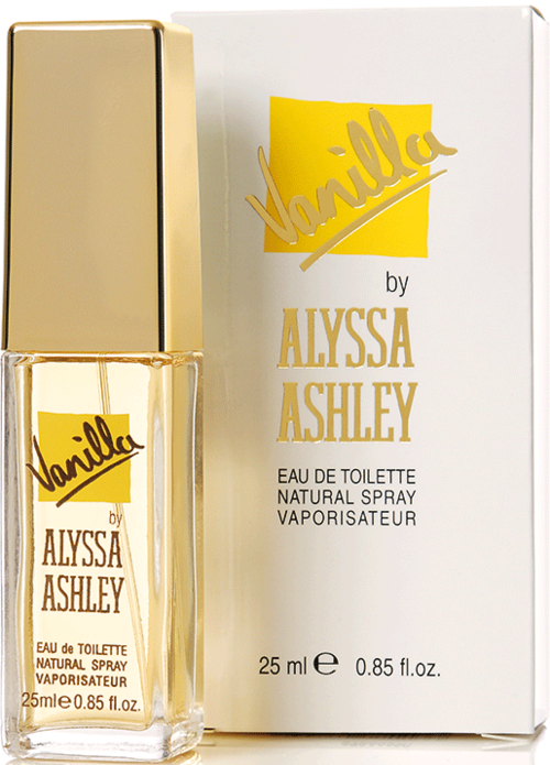 Eine Vanille-Parfümflasche und Schachtel mit gelben und goldenen Etiketten von Alyssa Ashley.