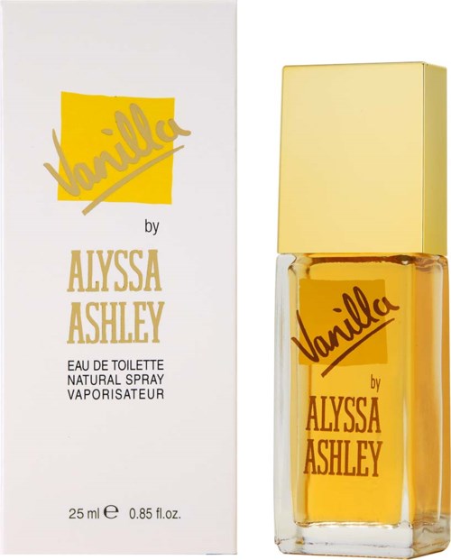 Vanille-Parfüflasche mit gelbem Deckel und Etikett, neben ihrer weißen Verpackung.