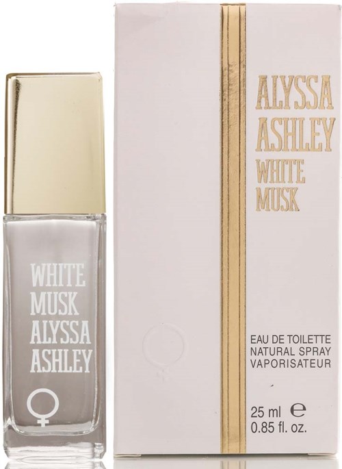 Ein Parfümflasche und eine Box mit Bezeichnung 'White Musk Alyssa Ashley' mit goldenen Details, 25 ml, elegantes Design.