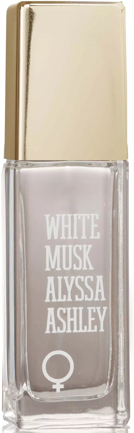Ein Parfümflasche mit Goldkappe und weißem Etikett, auf dem Name 'White Musk Alyssa Ashley' steht.