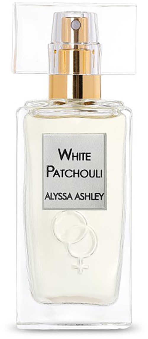 Ein Parfümflasche mit dem Namen White Patchouli von Alyssa Ashley, mit Sprühkopf und transparentem Deckel.