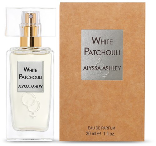 Eine Parfüflasche mit der Aufschrift White Patchouli und eine passende Schachtel sind zusammen.