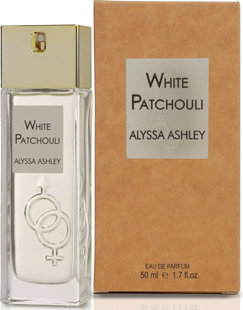 Ein Parfümflasche und Verpackung mit der Aufschrift 'White Patchouli' von Alyssa Ashley, 50 ml.