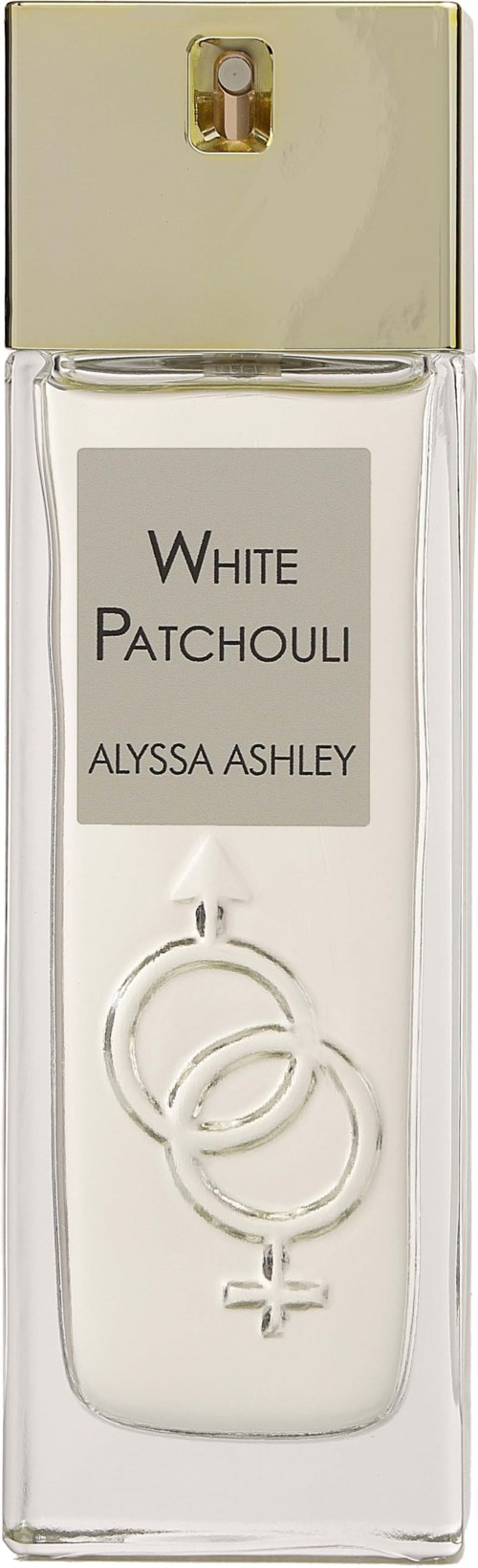 Ein Parfümflasche mit der Aufschrift 'White Patchouli' von Alyssa Ashley, mit goldener Kappe und zwei verflochtenen Geschlechtssymbolen.