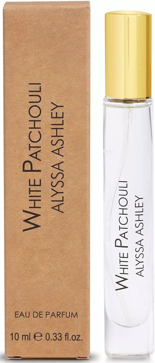 Flasche für Parfüm und Verpackung sind sichtbar, mit 'White Patchouli' von Alyssa Ashley, 10 ml.