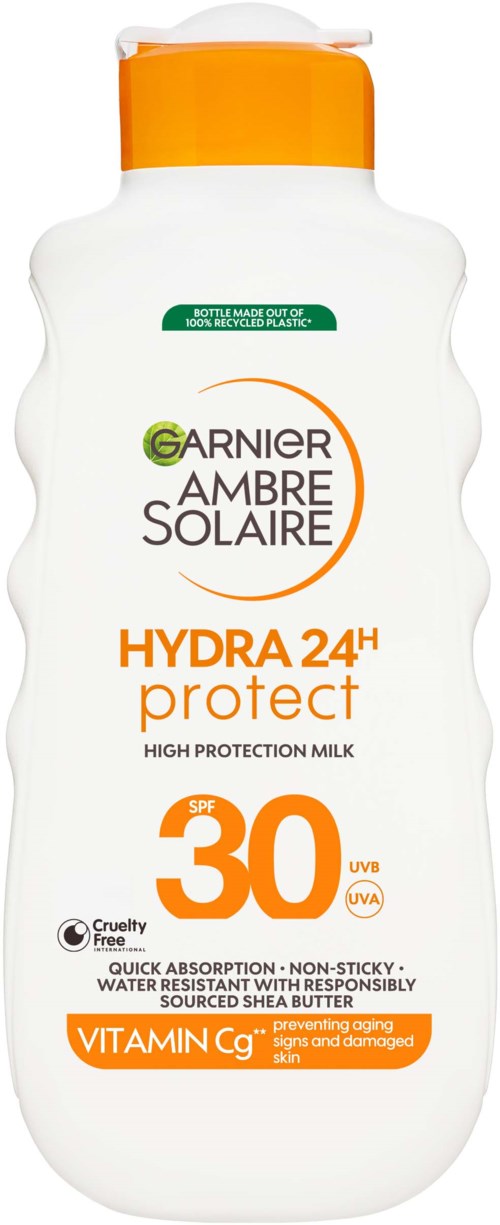 Garnier Ambre Solaire Hydra 24H protect lotion with SPF 30, high protection, and vitamin C, for sun protection and skin care.