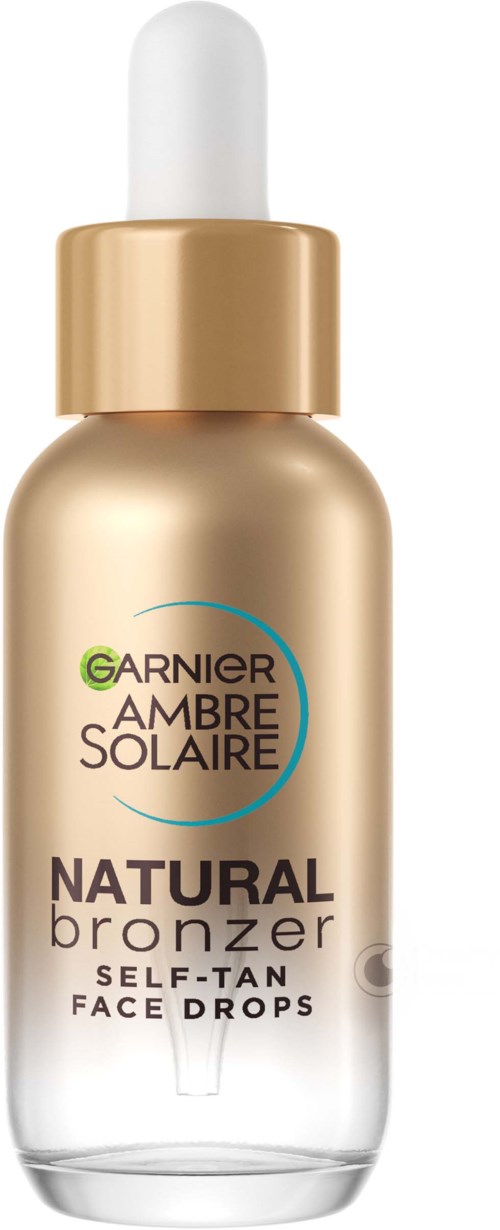 Bottle of Garnier Ambre Solaire natural self-tan face drops with a white dropper cap.
